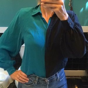 Half black half teal vintage silk shirt 80s